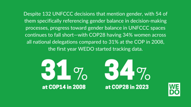 Despite 132 UNFCCC decisions that mention gender, with 54 of them specifically referencing gender balance in decision-making processes, progress toward gender balance in UNFCCC spaces continues to fall short — with COP28 having 34% women across all national delegations compared to 31% at the COP in 2008, the first year WEDO started tracking data. 31% at COP14 in 2008. 34% at COP28 in 2023